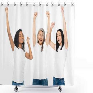 Personality  Excited Multicultural Women With Hands Above Head Celebrating Isolated On White  Shower Curtains