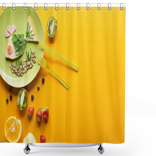 Personality  Top View Of Plate With Fancy Fish Made Of Food Near Fruits And Cutlery On Colorful Orange Background Shower Curtains