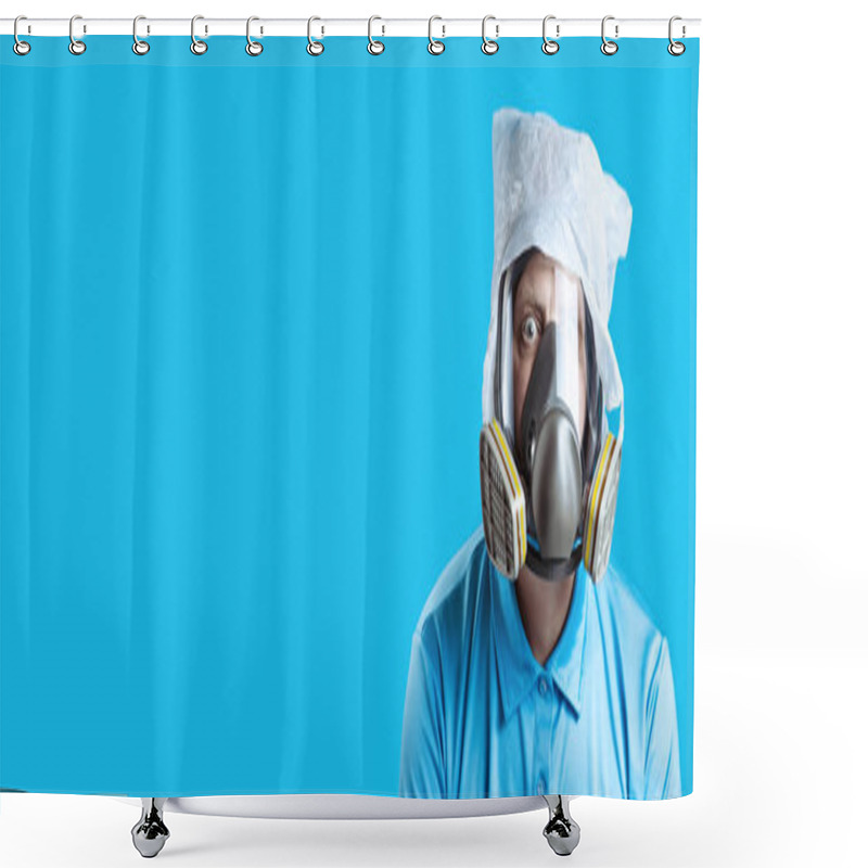 Personality  A Man In A Gas Mask And A Plastic Bag On His Head Symbolizes The Protection Of The Environment From Pollution On Blue Background Shower Curtains