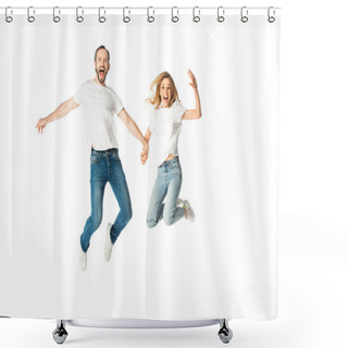 Personality  Happy Adult Couple In White T-shirts Holding Hands While Jumping Isolated On White Shower Curtains