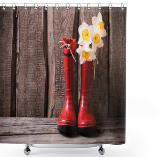 Personality  Red Child Garden Shoes With Spring Flowers Shower Curtains