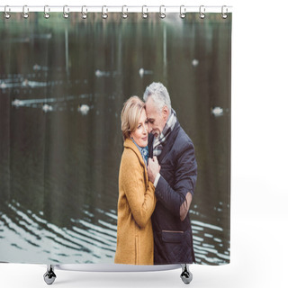 Personality  Beautiful Mature Couple Standing Near Lake Shower Curtains