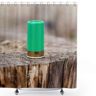 Personality  Close Up Of Shotgun Shell On Wooden Stump In Woods Shower Curtains