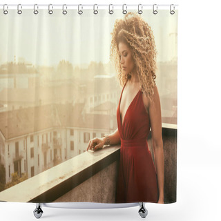 Personality  Beautiful Woman Wearing Red Elegant Dress And Being Pensive, Cityscape Shower Curtains