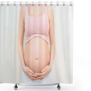 Personality  Cropped Shot Of Pregnant Woman Holding Her Belly On White Shower Curtains