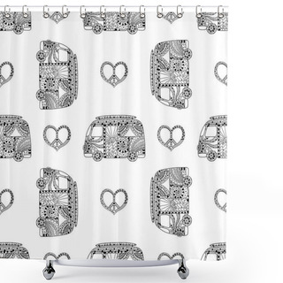 Personality  Seamless Pattern With Black And White Hippie Camper Bus And Symbol Peacel In Zentangle Style. Shower Curtains