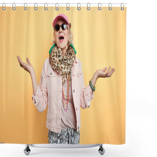Personality  Emotional Excited Old Woman With Raised Arms Greeting Guests Shower Curtains
