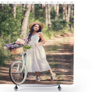 Personality  Happy Girl In Straw Hat And White Dress Posing With Bike And Flowers In Wicker Basket Shower Curtains