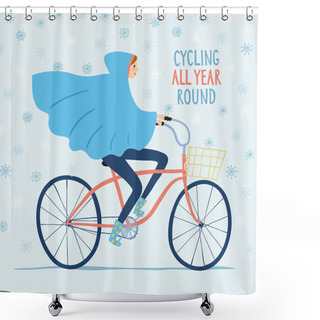 Personality  Cute Girl Cyclist In Snowy Weather Vector Illustration Shower Curtains