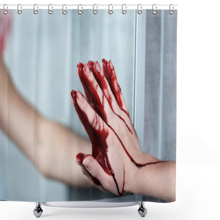 Personality  Partial View Of Woman With Bleeding Hand Touching Mirror In Bathroom Shower Curtains