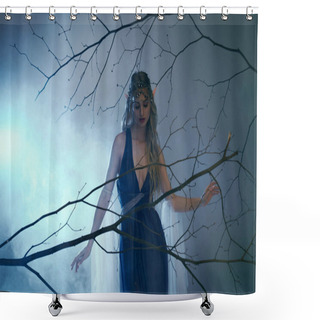 Personality  A Young Woman With Elf Princess Vibes Stands Gracefully In Front Of A Tree, Wearing A Stunning Blue Dress. Shower Curtains