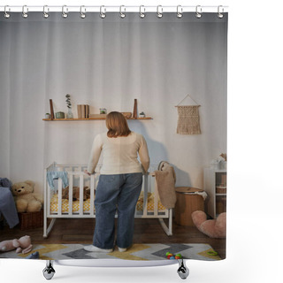Personality  Back View Of Grieving And Depressed Woman Near Crib With Soft Toys Un Dark Nursery Room At Home Shower Curtains