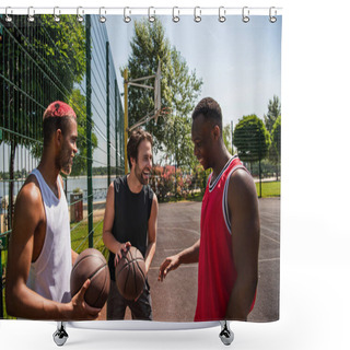 Personality  Smiling Man Holding Basketball Near African American Friends On Playground  Shower Curtains