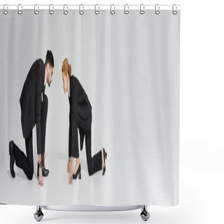Personality  Side View Of Business Competitors In Black Suits Looking At Each Other While Standing In Low Start Position On Grey Background, Banner Shower Curtains