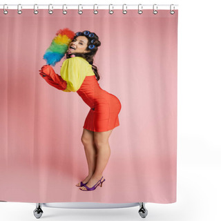 Personality  Full Length Of Flirty Housewife In Red Corset Dress And Hair Curlers Posing With Colorful Dust Brush On Pink  Shower Curtains