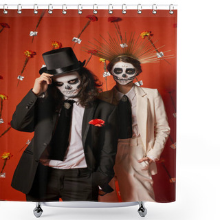 Personality  Elegant Couple In Skull Makeup And Festive Outfit On Red Backdrop With Flowers, Day Of Dead Party Shower Curtains