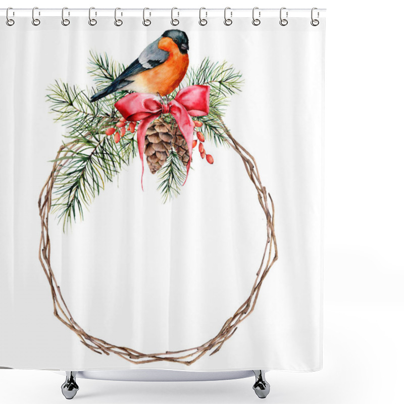 Personality  Watercolor Christmas Wreath With Bullfinch And Winter Design. Hand Painted Bird With Pine Cone, Red Bow, Berries, Fir Branch Isolated On White Background. Holiday Symbol For Design, Print, Background. Shower Curtains