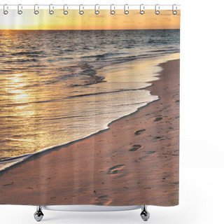 Personality  Footprints On Sandy Beach At Sunrise Shower Curtains