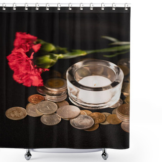 Personality  Red Carnations, Candle And Coins On Black Background, Funeral Concept Shower Curtains
