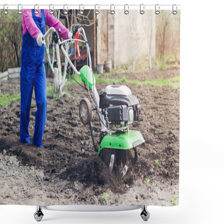 Personality  Young Girl Working In A Spring Garden With A Cultivator. Shower Curtains