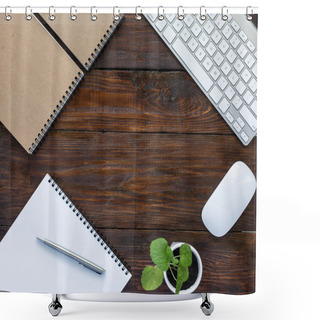 Personality  Dark Brown Wooden Desk With Stationery And Electronics Shower Curtains