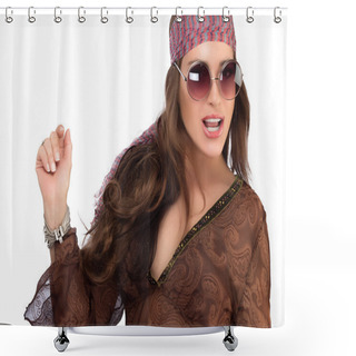 Personality  Fashionable Party Girl In Brown Dress With Sunglasses Shower Curtains