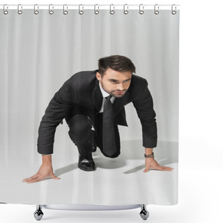 Personality  Full Length Of Serious And Purposeful Businessman In Low Start Position On Grey Background Shower Curtains
