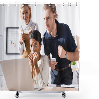 Personality  Multicultural Nervous Office Workers Looking At Laptop At Workplace In Office Shower Curtains