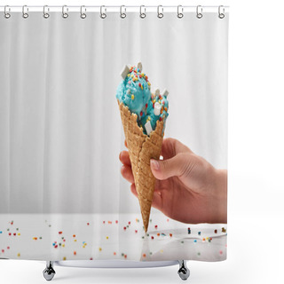 Personality  Cropped View Of Woman Holding Delicious Sweet Blue Ice Cream With Marshmallows And Sprinkles In Crispy Waffle Cone Isolated On Grey Shower Curtains