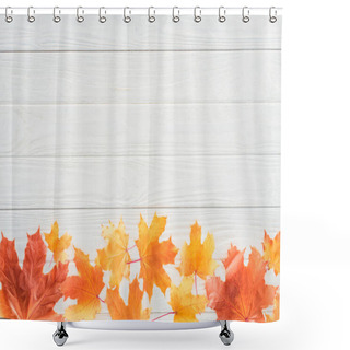 Personality  Top View Of Autumnal Fallen Maple Leaves On Wooden Table Shower Curtains