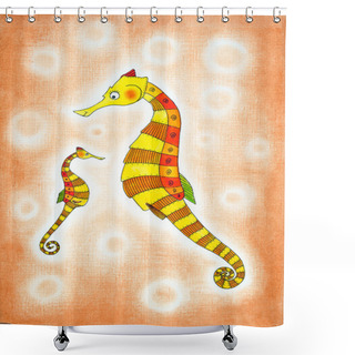 Personality  Seahorses, Child's Drawing, Watercolor Painting On Paper Shower Curtains