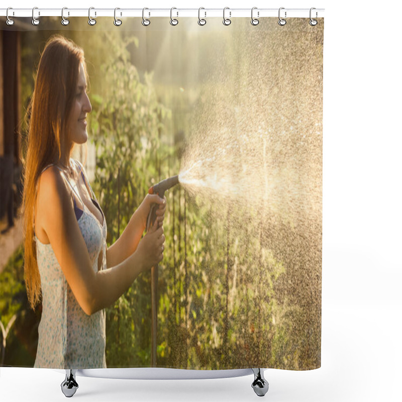 Personality  Beautiful Brunette Woman Watering Garden Bed With Vegetables Shower Curtains