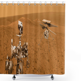 Personality  Ingenuity Helicopter Mission, Exploration Rover Mission Elements Of This Image Furnished By NASA 3D Illustration. Shower Curtains