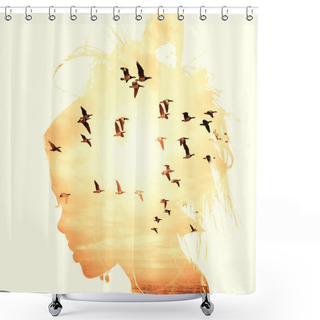 Personality  Womans Head And Birds Flying, Double Exposure, Freedom And Liberty  Background. Beauty Is A Gift From Nature, Shower Curtains