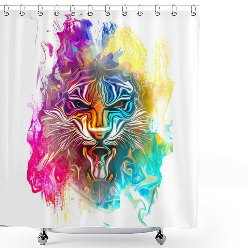 Personality  Tiger Head With Colorful Creative Abstract Element On White Background Shower Curtains