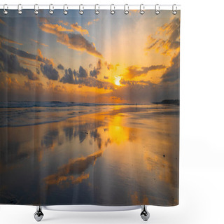 Personality  Sunset Time. Seascape Background. Bright Sunlight. Sun At Horizon Line. Scenic View. Sunset Golden Hour. Sunlight Reflection In Water. Magnificent Scenery. Copy Space. Kelanting Beach, Bali, Indonesia Shower Curtains