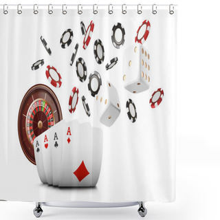 Personality  Playing Cards And Poker Chips Fly Casino. Casino Roulette Concept On White Background. Poker Casino Vector Illustration. Red And Black Realistic Chip In The Air. Gambling Poker Mobile App Icon. Shower Curtains