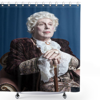 Personality  Retro Baroque Man With White Wig Holding A Walking Stick Sitting Shower Curtains