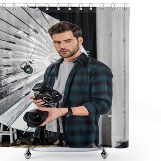 Personality  Handsome Professional Young Photographer Holding Camera And Lens In Studio Shower Curtains