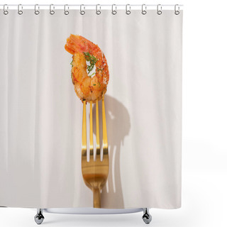 Personality  Top View Of Fried Shrimp On Golden Fork On White Background Shower Curtains
