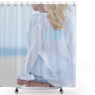 Personality  Woman On Sandy Beach In White Shirt At Dusk. Shower Curtains