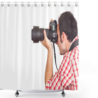 Personality  Young Man Photographer Taking Photos Shower Curtains