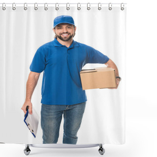 Personality  Smiling Young Delivery Man Holding Cardboard Box And Blank Clipboard Isolated On White  Shower Curtains