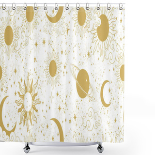 Personality  Seamless Golden Space Pattern With Sun, Crescent, Planets And Stars On A White Background. Mystical Ornament Of The Mystical Sky For Wallpaper, Fabric, Astrology, Fortune Telling. Vector Illustration. Shower Curtains