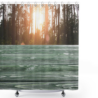 Personality  Template Of Dark Green Wooden Floor With Pine Tree Forest On Background Shower Curtains
