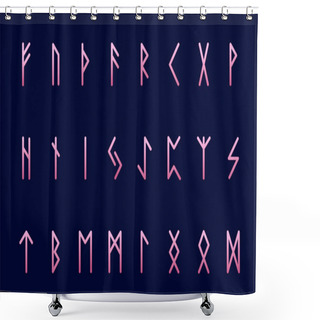 Personality  Set Of Ancient Norse Runes. Runic Alphabet, Futhark. Ancient Occult Symbols. Vector Illustration. Old German Letters Of Neon Color On A Dark Background Shower Curtains