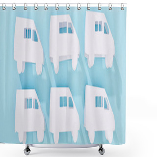 Personality  Panoramic Shot Of White Mini Van Models On Blue Background Shower Curtains