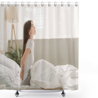 Personality  Side View Of Upset Girl Looking Away While Sitting In Bed And Suffering From Back Pain Shower Curtains