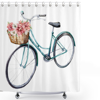 Personality  Watercolor Card Of Blue Bicycle With Basket And Flowers. Hand Painted Summer Illustration Isolated On White Background. For Design, Prints Or Background Shower Curtains