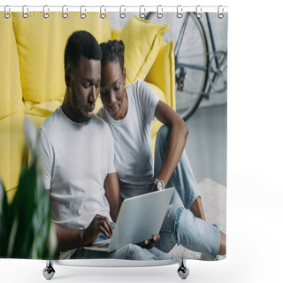 Personality  Young African American Couple In White T-shirts Using Laptop Together At Home Shower Curtains